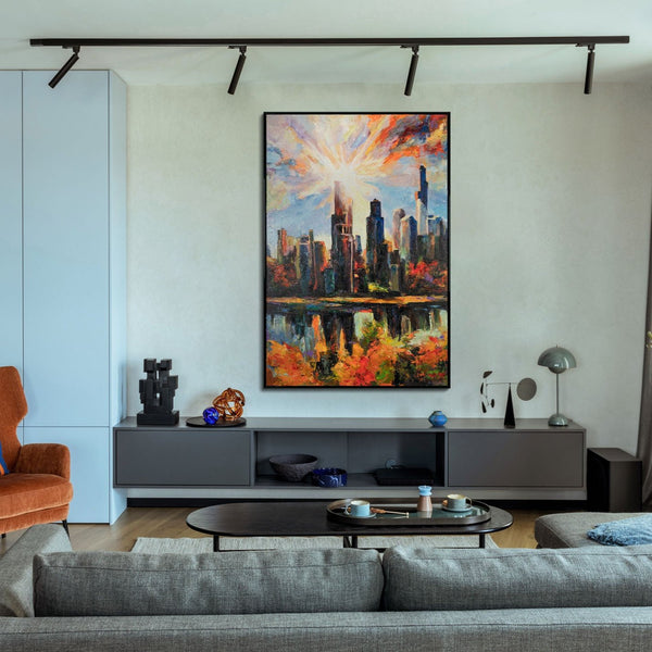 The painting "Shining of the City" is a vertical abstraction with urban motifs