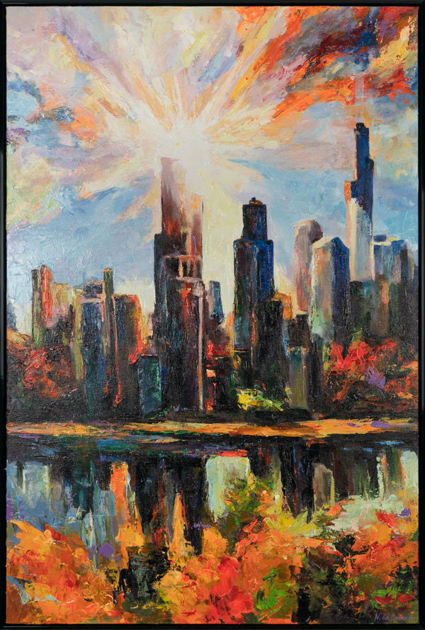 The painting "Shining of the City" is a vertical abstraction with urban motifs