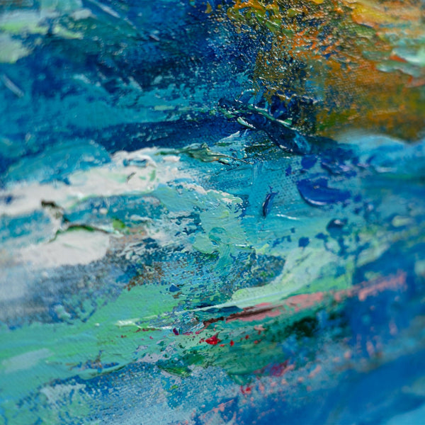The painting "Echo of a River Day" is a vertical abstraction with natural colors