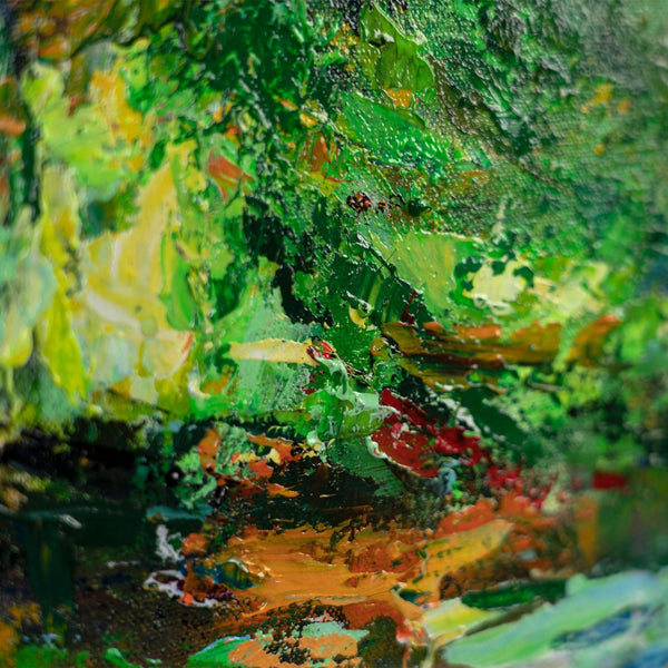 The painting "Echo of a River Day" is a vertical abstraction with natural colors