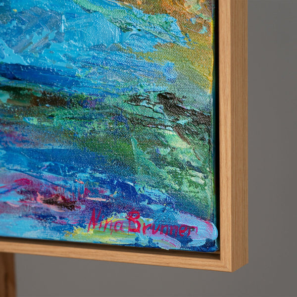 The painting "Echo of a River Day" is a vertical abstraction with natural colors
