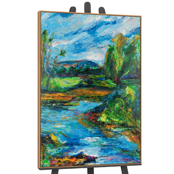 The painting "Echo of a River Day" is a vertical abstraction with natural colors