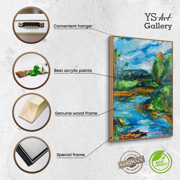 The painting "Echo of a River Day" is a vertical abstraction with natural colors