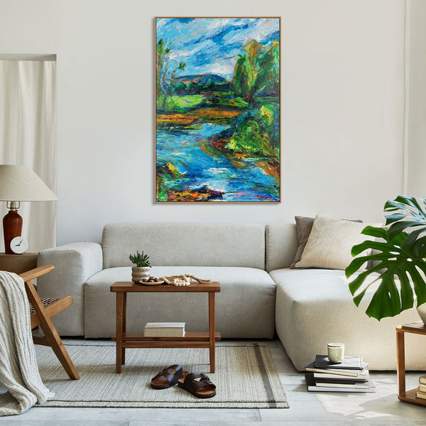 The painting "Echo of a River Day" is a vertical abstraction with natural colors