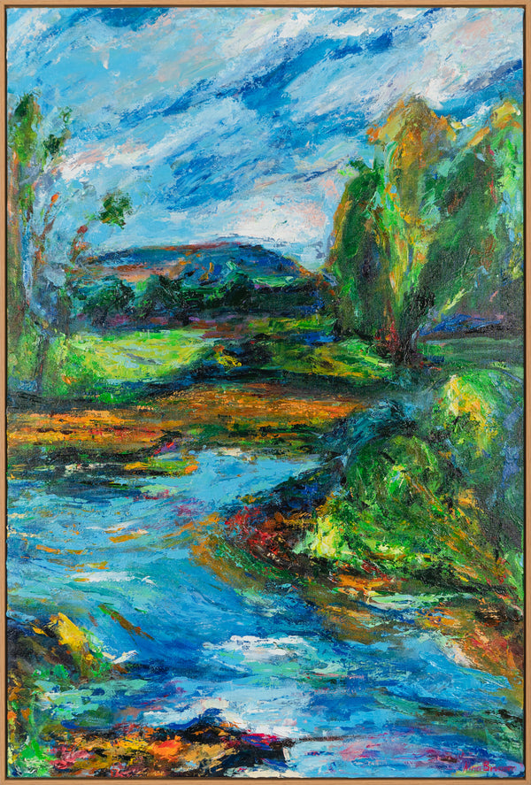 The painting "Echo of a River Day" is a vertical abstraction with natural colors