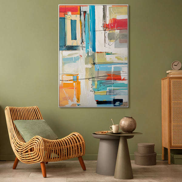 The painting "Architecture of Emotions" is a vertical abstraction with geometric blocks