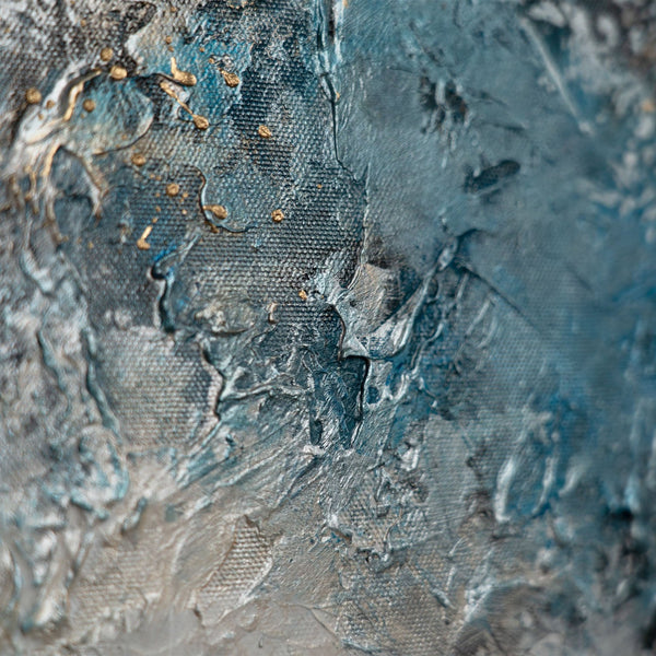 The painting "Dawn Depth" is a vertical abstraction with bright contrasts