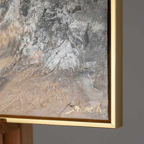 The painting "Dawn Depth" is a vertical abstraction with bright contrasts