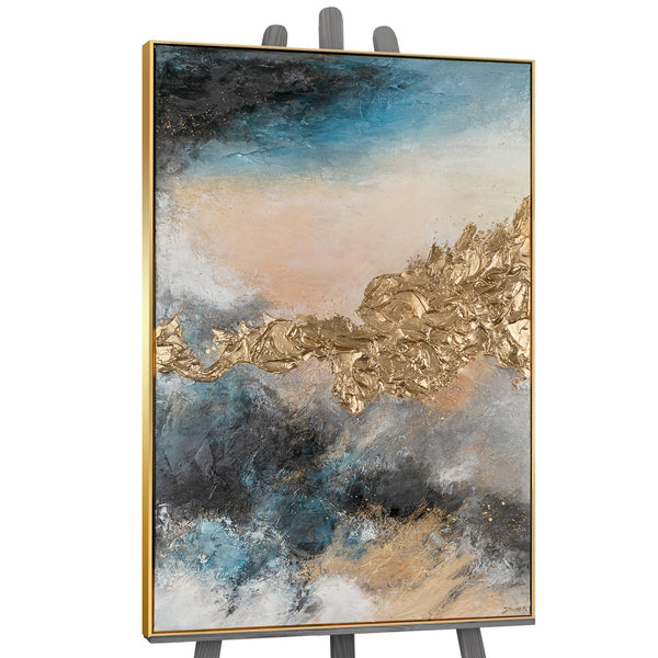 The painting "Dawn Depth" is a vertical abstraction with bright contrasts