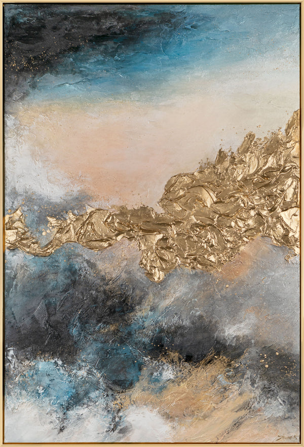 The painting "Dawn Depth" is a vertical abstraction with bright contrasts