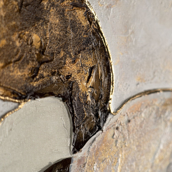 The painting "Rhythm of the Earth" is a vertical abstraction in brown and sand tones.