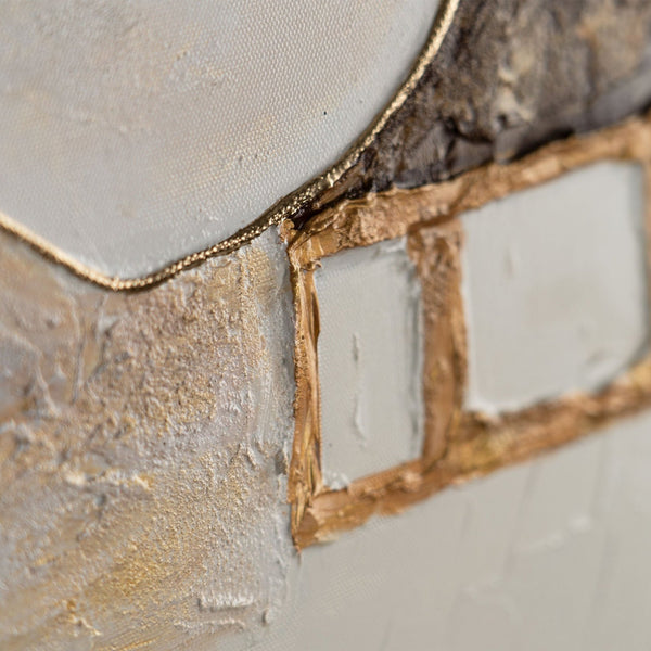 The painting "Rhythm of the Earth" is a vertical abstraction in brown and sand tones.