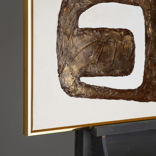 The painting "Rhythm of the Earth" is a vertical abstraction in brown and sand tones.