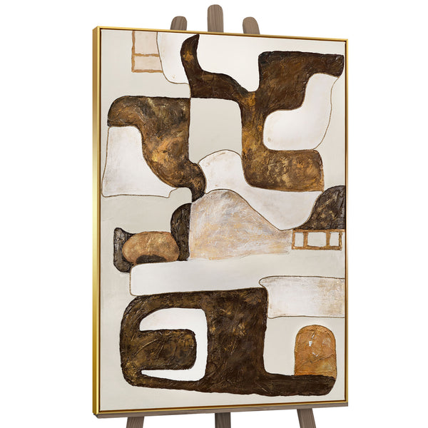 The painting "Rhythm of the Earth" is a vertical abstraction in brown and sand tones.