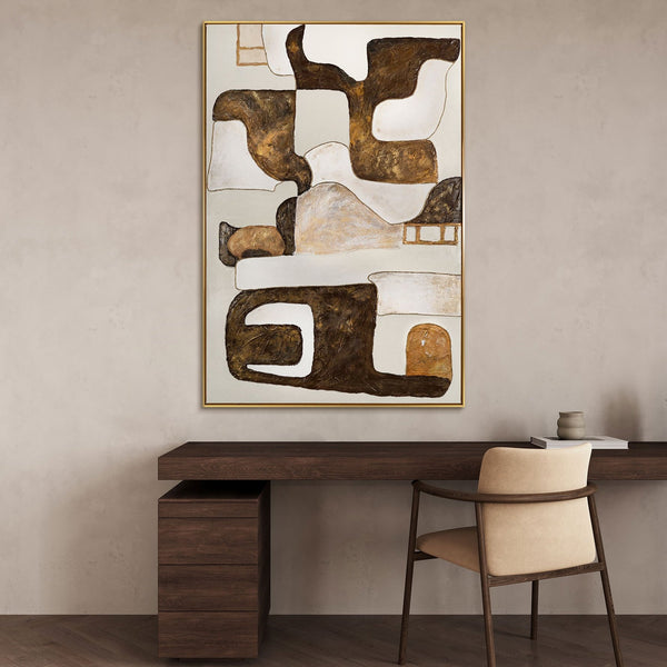 The painting "Rhythm of the Earth" is a vertical abstraction in brown and sand tones.