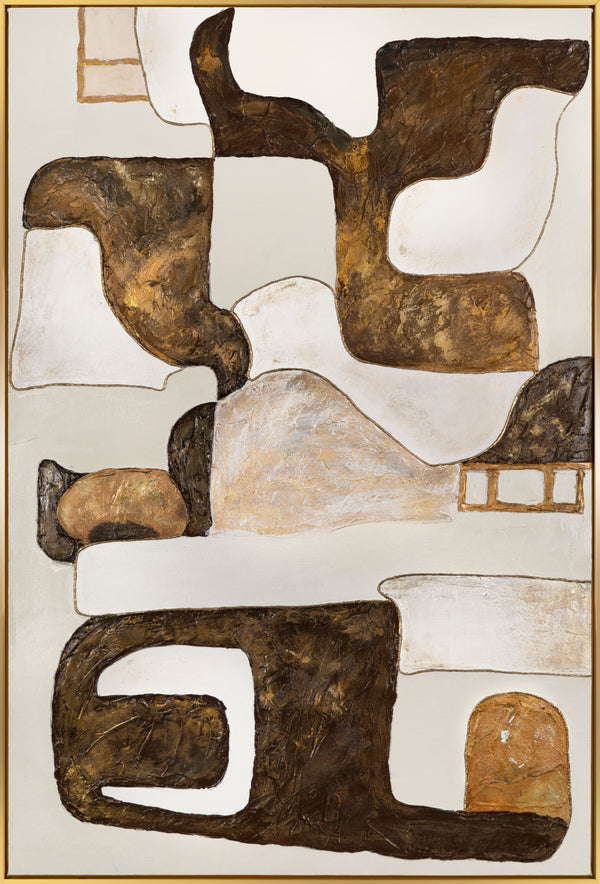 The painting "Rhythm of the Earth" is a vertical abstraction in brown and sand tones.