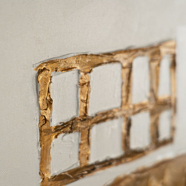 The painting "Abstract Windows" is a vertical abstraction with warm beige tones