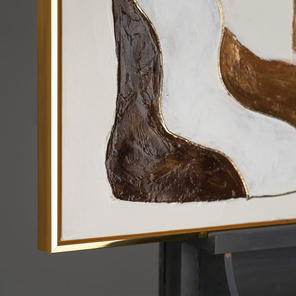 The painting "Abstract Windows" is a vertical abstraction with warm beige tones