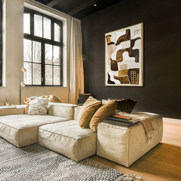 The painting "Abstract Windows" is a vertical abstraction with warm beige tones