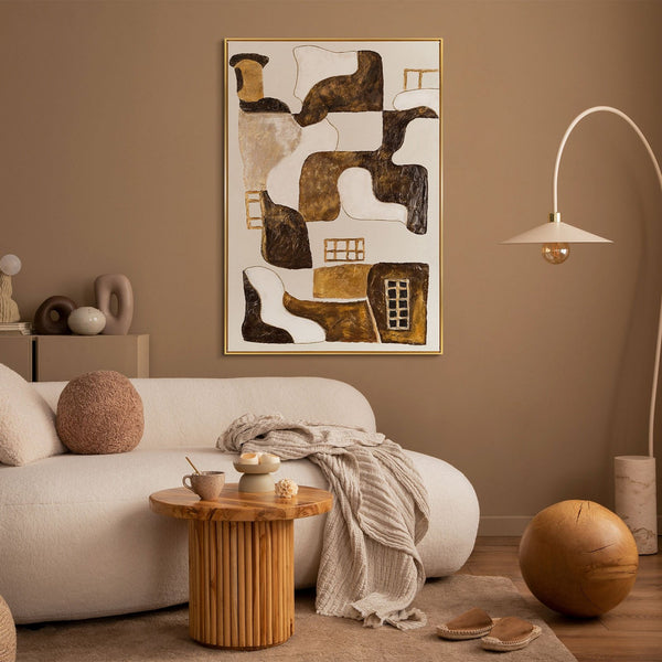 The painting "Abstract Windows" is a vertical abstraction with warm beige tones