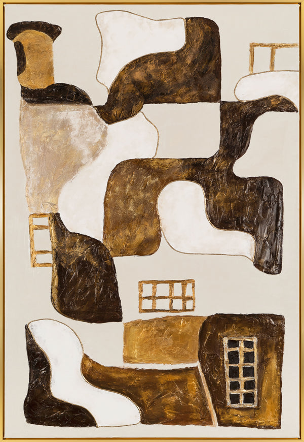 The painting "Abstract Windows" is a vertical abstraction with warm beige tones