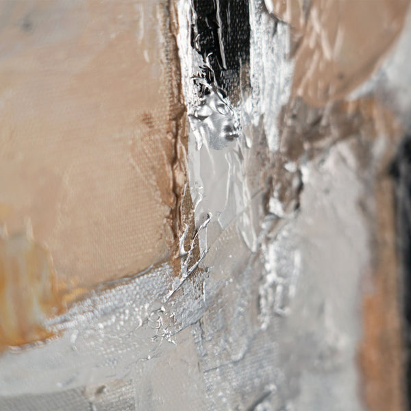 The painting "Architecture of Silence" is a vertical abstraction with warm beige tones