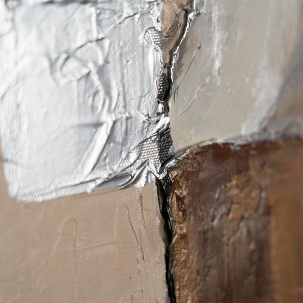 The painting "Architecture of Silence" is a vertical abstraction with warm beige tones