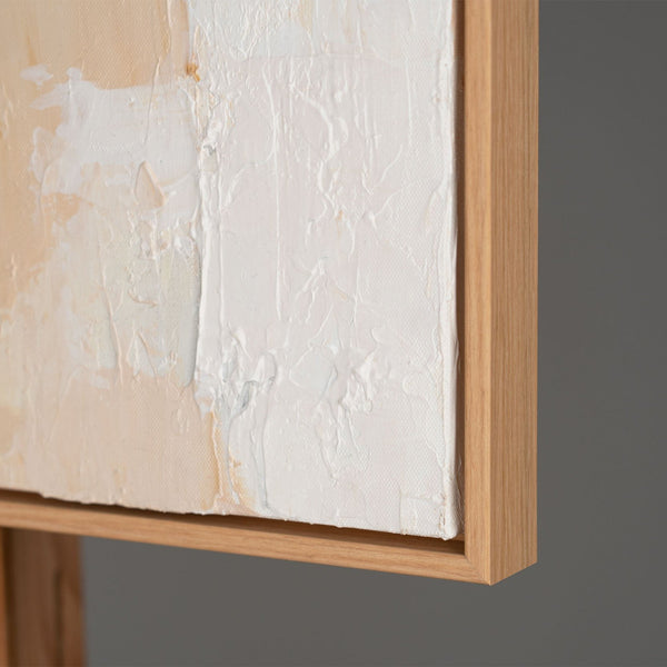 The painting "Architecture of Silence" is a vertical abstraction with warm beige tones