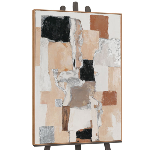 The painting "Architecture of Silence" is a vertical abstraction with warm beige tones