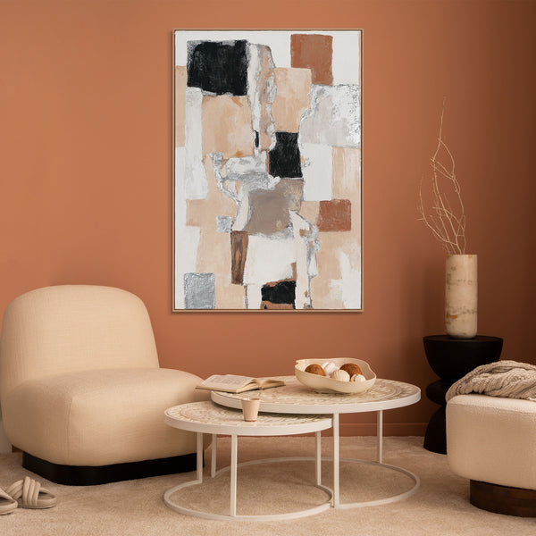 The painting "Architecture of Silence" is a vertical abstraction with warm beige tones
