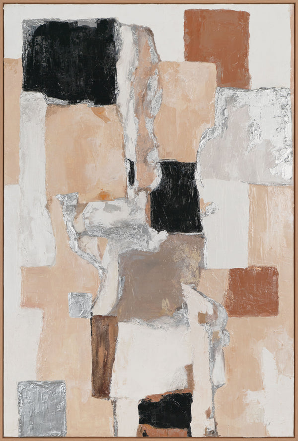 The painting "Architecture of Silence" is a vertical abstraction with warm beige tones