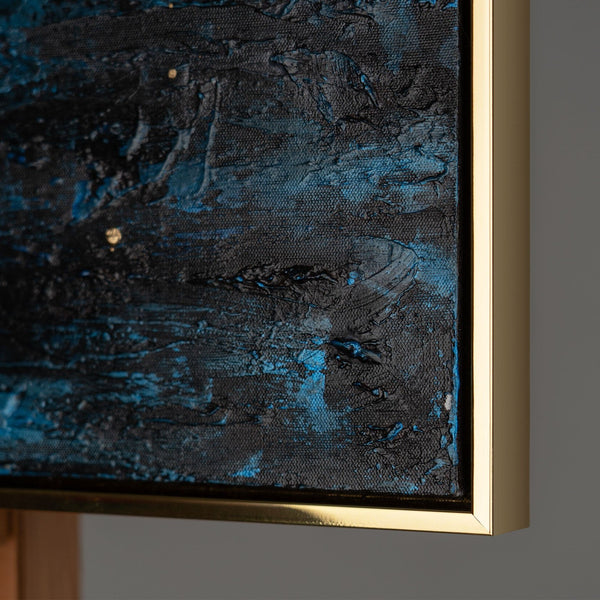 The painting "Storm Energy" is a vertical abstraction with a cold palette