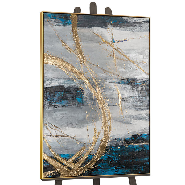 The painting "Storm Energy" is a vertical abstraction with a cold palette