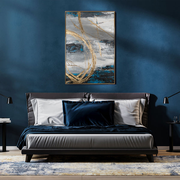 The painting "Storm Energy" is a vertical abstraction with a cold palette