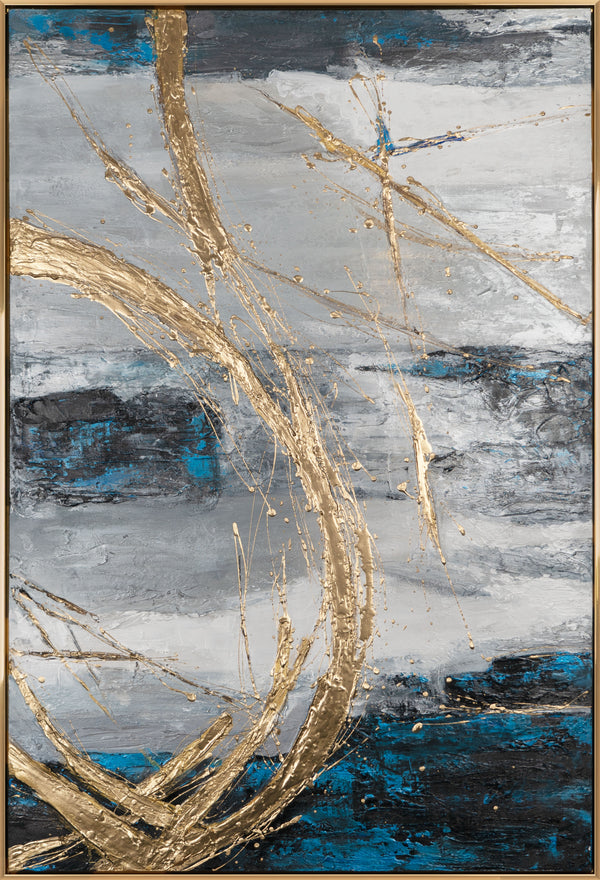 The painting "Storm Energy" is a vertical abstraction with a cold palette