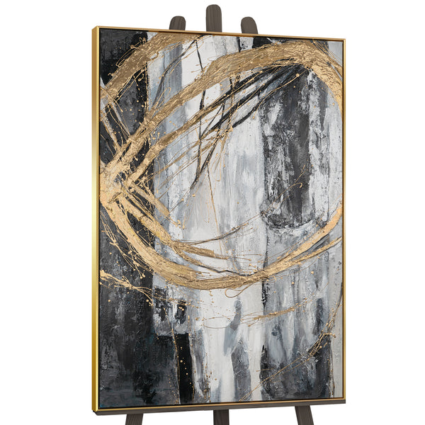 The painting "Pulsation of Gold" is a vertical abstraction with dynamic strokes