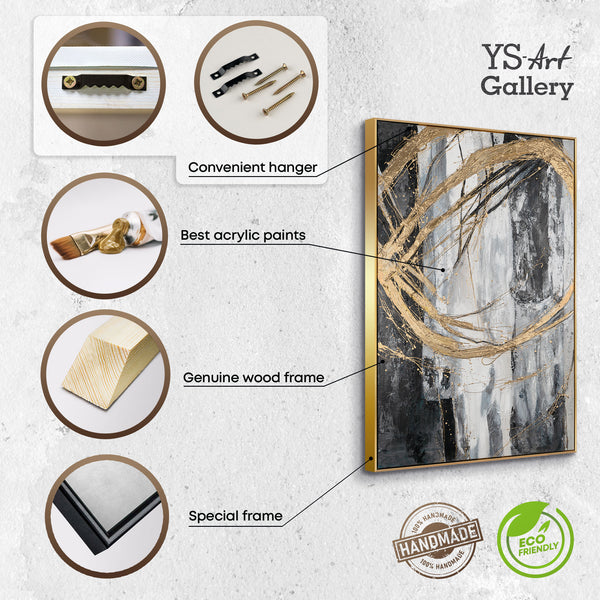 The painting "Pulsation of Gold" is a vertical abstraction with dynamic strokes