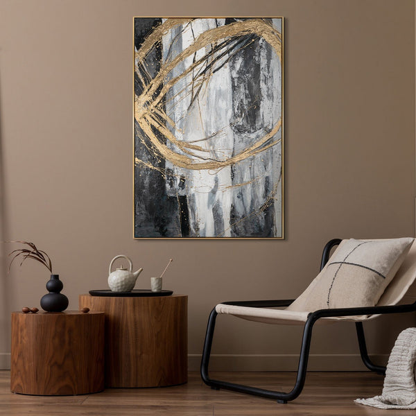 The painting "Pulsation of Gold" is a vertical abstraction with dynamic strokes