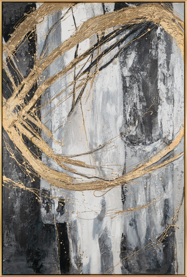 The painting "Pulsation of Gold" is a vertical abstraction with dynamic strokes