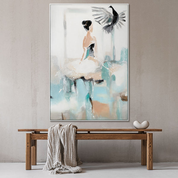 The painting "Tenderness of Movement" is a vertical figurative composition with elements of abstraction.