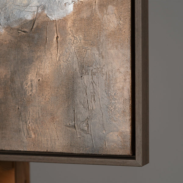 The painting "Warm Depth" is a vertical abstraction with natural shades