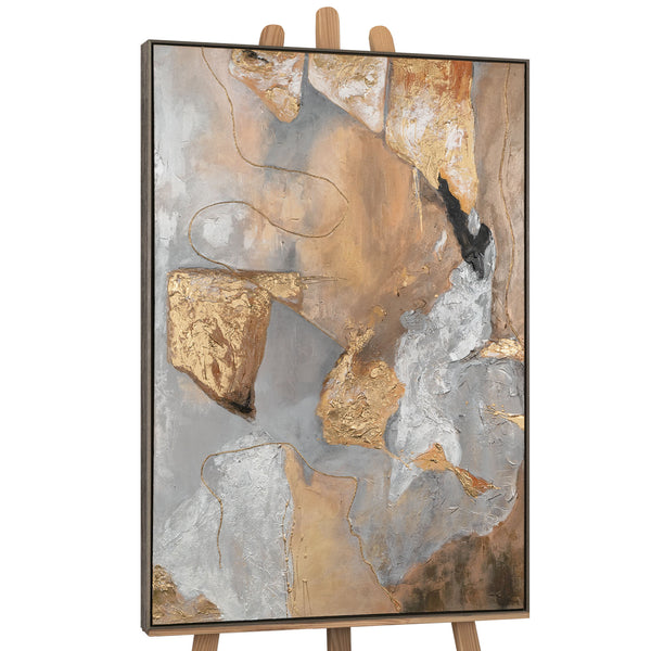 The painting "Warm Depth" is a vertical abstraction with natural shades