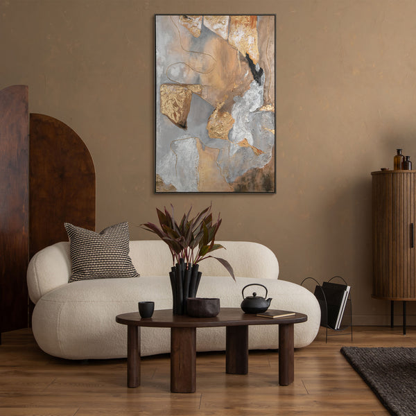 The painting "Warm Depth" is a vertical abstraction with natural shades