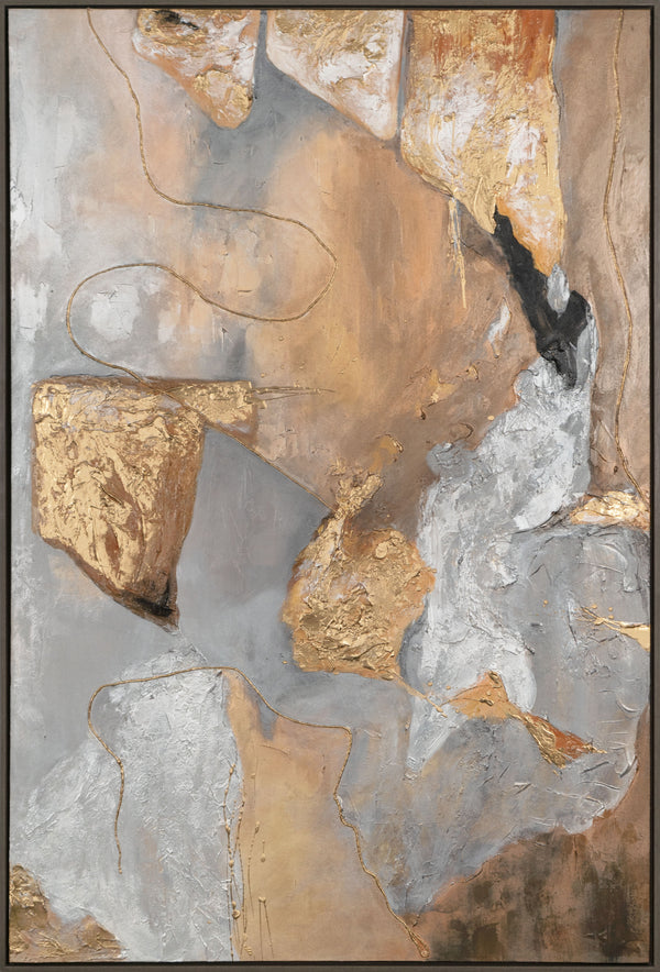 The painting "Warm Depth" is a vertical abstraction with natural shades