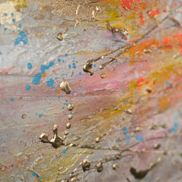 The painting "Colorful Glow" is a horizontal abstraction with color accents