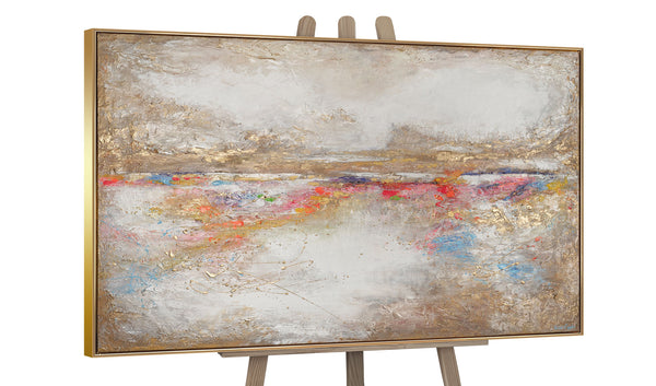 The painting "Colorful Glow" is a horizontal abstraction with color accents