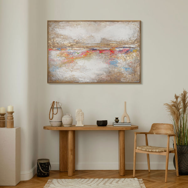 The painting "Colorful Glow" is a horizontal abstraction with color accents