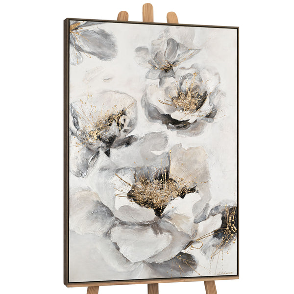 The painting "Melody of Flowers" is a vertical floral abstraction in gray and white tones.