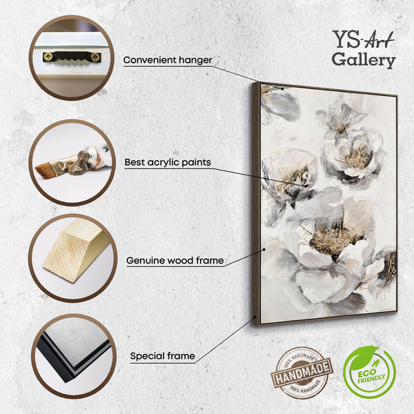 The painting "Melody of Flowers" is a vertical floral abstraction in gray and white tones.
