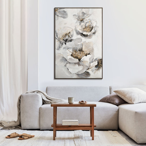 The painting "Melody of Flowers" is a vertical floral abstraction in gray and white tones.